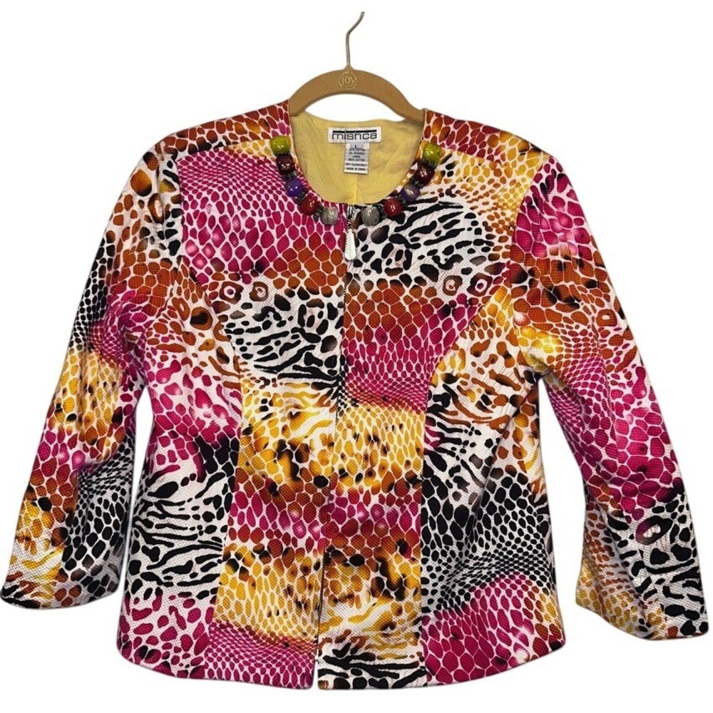 Mishca Women's Colorful Patchwork Animal Print Zipper Beads Cotton Jacket Size L